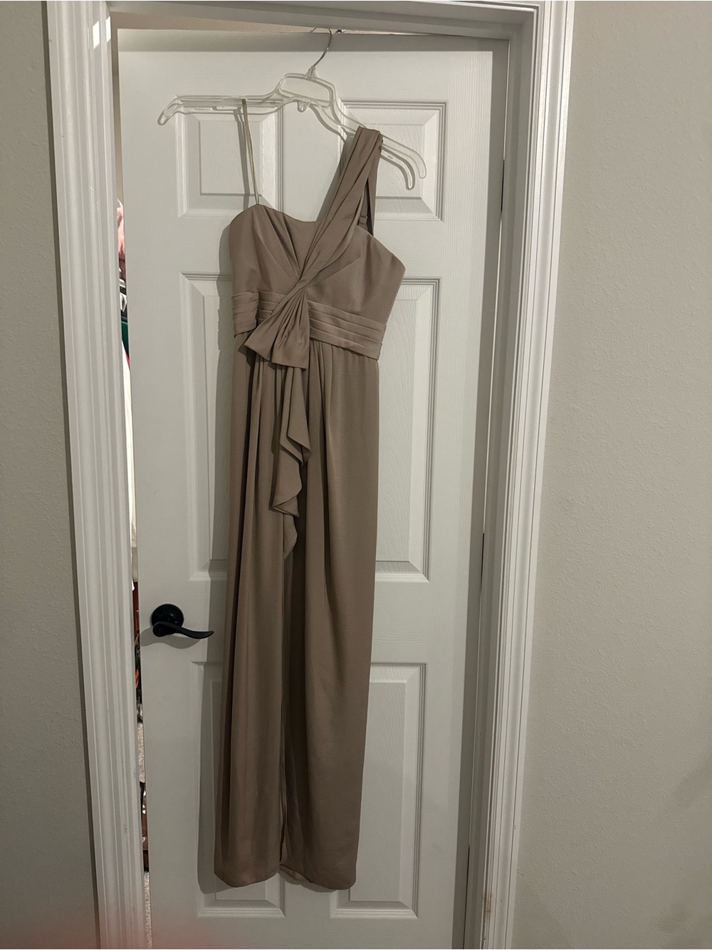 BCBGMaxAzria One-Shoulder Taupe Gown with Draped Accent